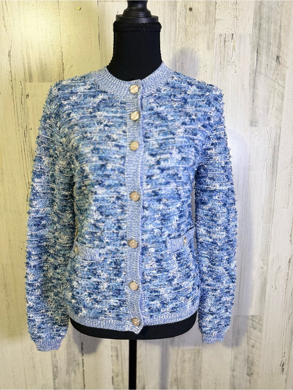 Isaac Mizrahi Live Blue Textured Tweed Button Down Cardigan XXS
